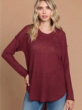 Waffle Knit Crewneck Sweater - Burgundy